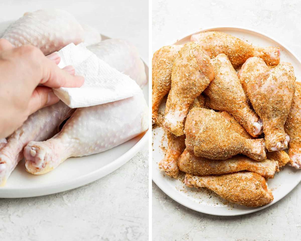 Two images showing the chicken legs being pat dry and covered in the dry rub seasoning.