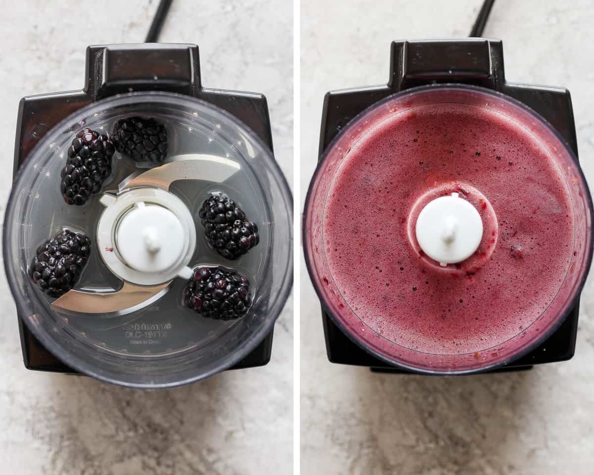 Two images showing the blackberry mixture in a food processor before blending and after.
