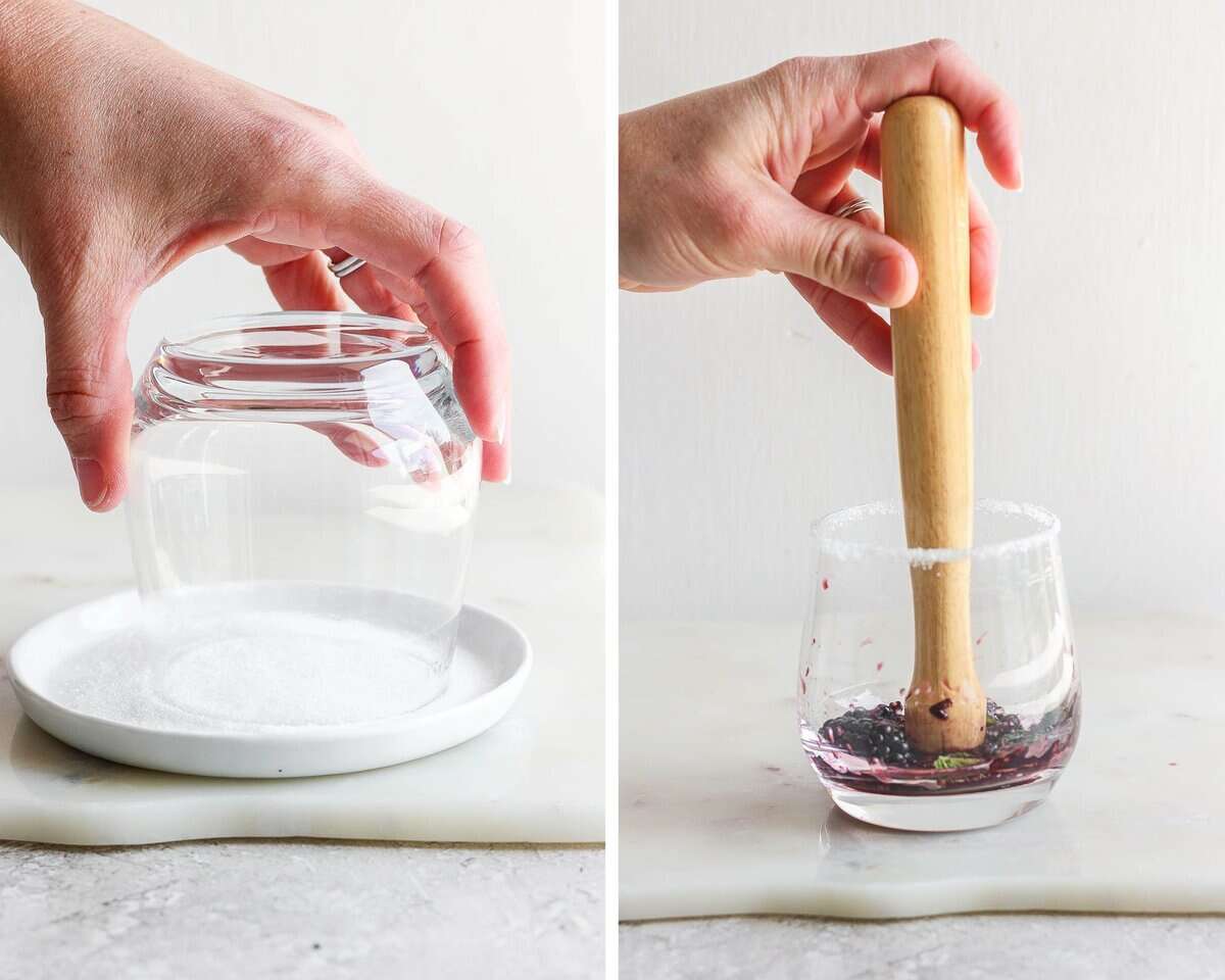 Two images showing the sugar being added to the glass rim and some blackberries being muddled.