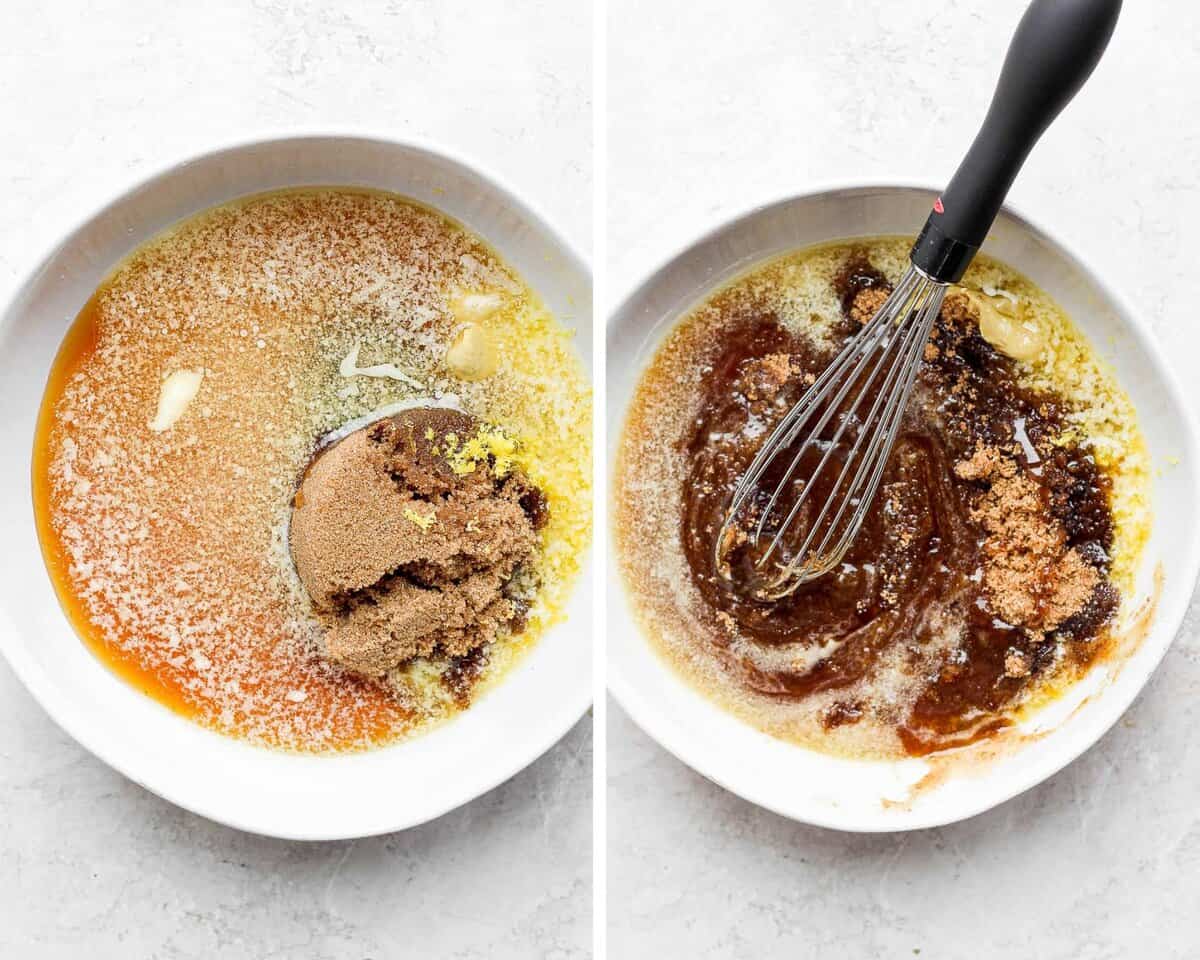 Two images showing the glaze ingredients in a white bowl and then beginning to be whisked.