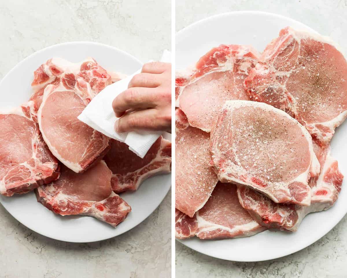 Two images showing pork chops being pat dry and seasoned with salt and pepper.