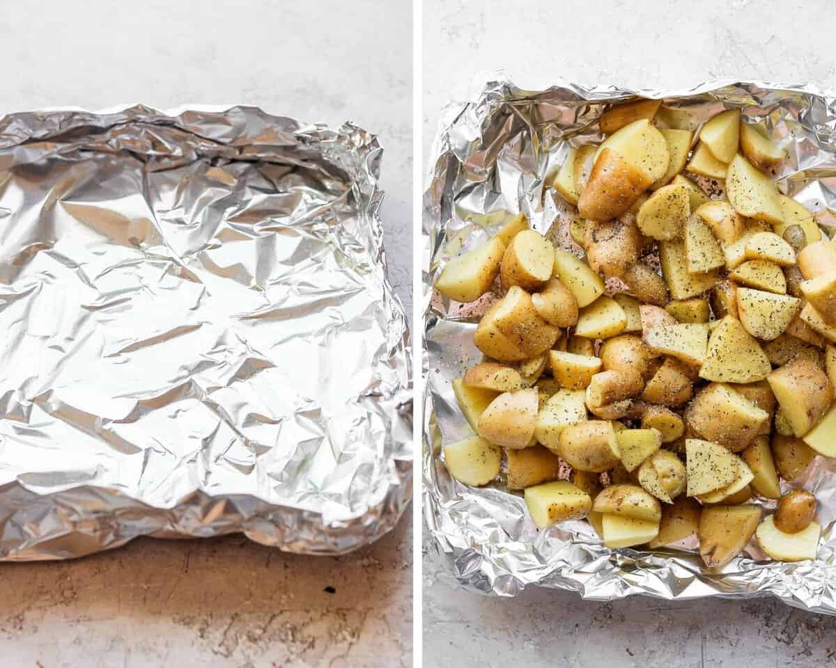 Two images showing an empty foil boat and then with the seasoned potatoes in it.