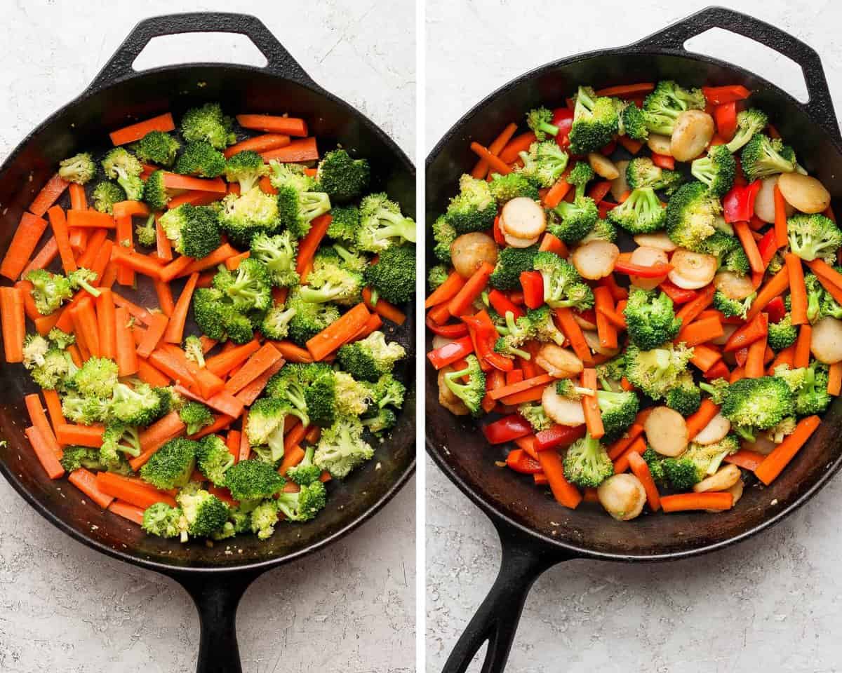 Two images showing the broccoli and carrots cooking in a skillet and then with the peppers and water chestnuts too.