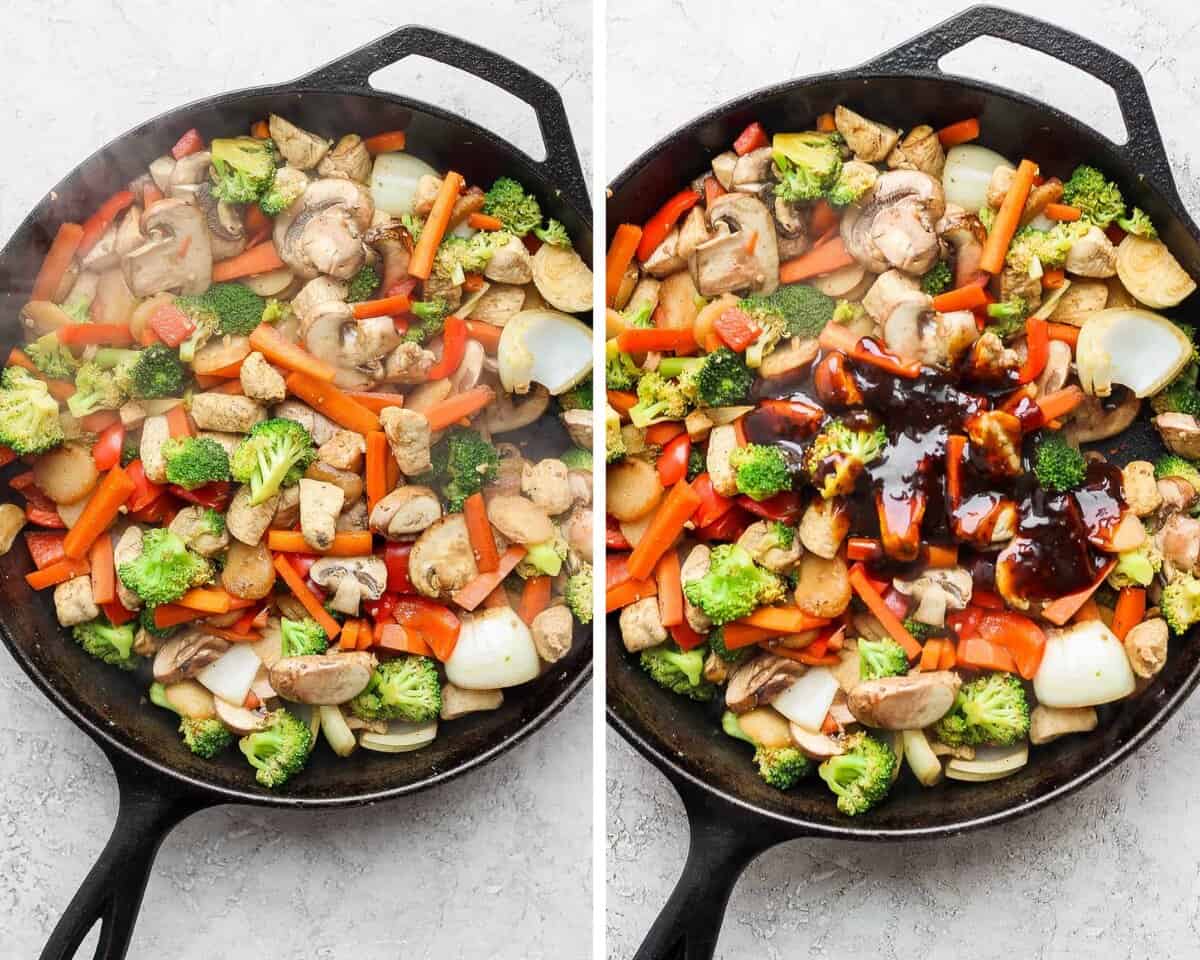 Two images showing everything in a skillet and then with the sauce added.