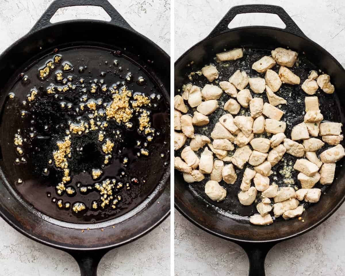 Two images showing the garlic cooking and then with the chicken added.