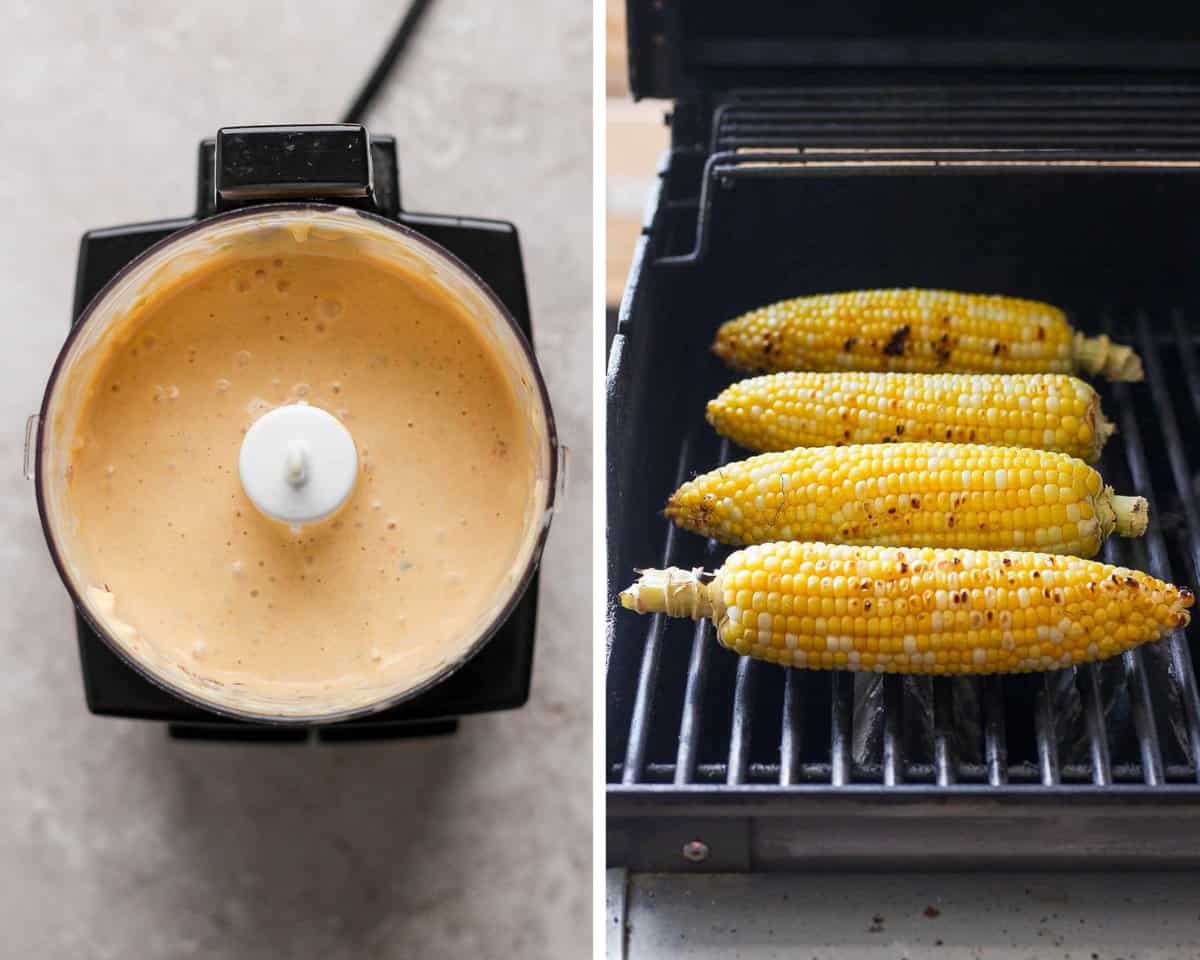 Two images showing the chipotle lime sauce in a small food processor and corn on the grill.