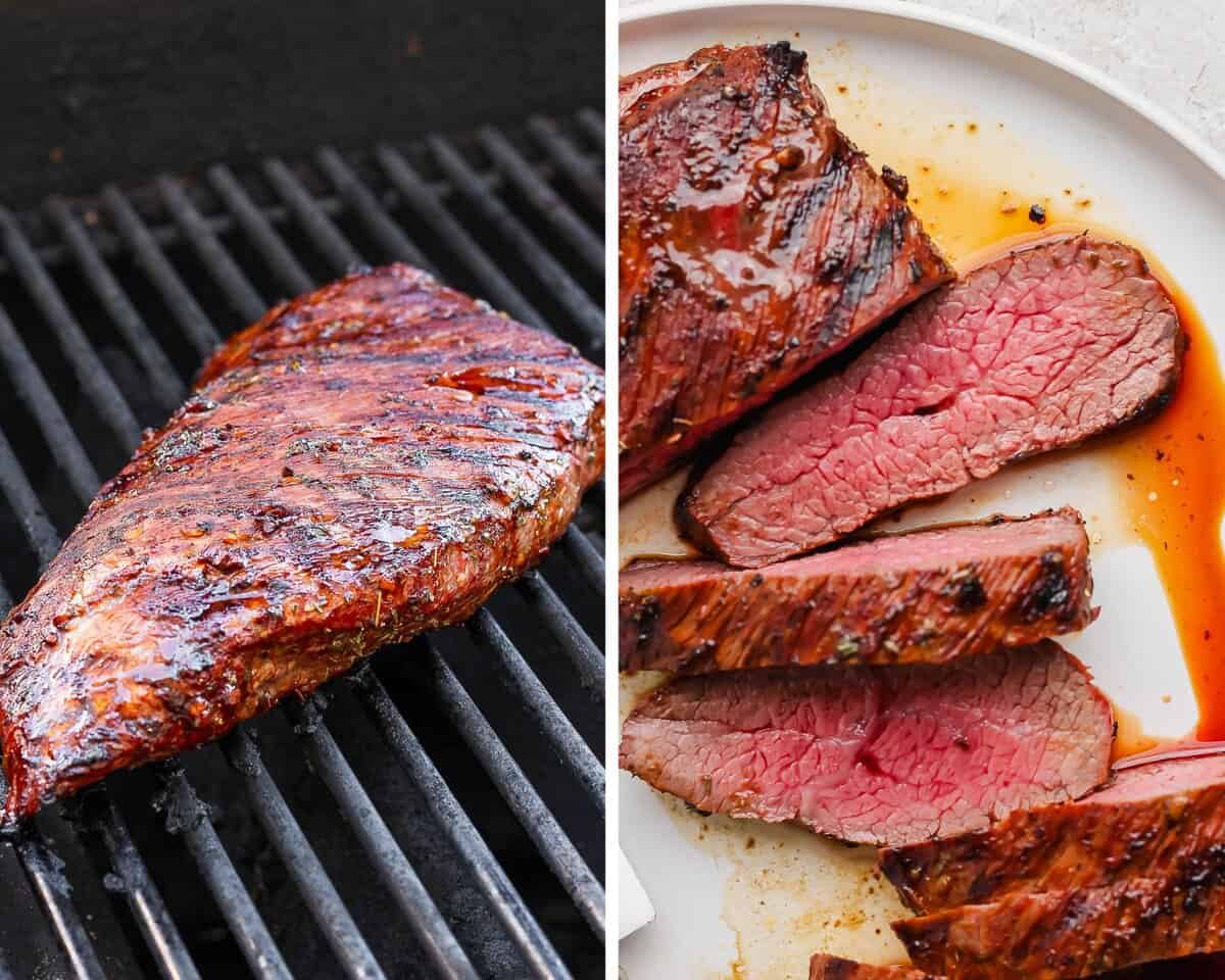 Two images showing the tri tip steak on the grill and sliced on a white plate.