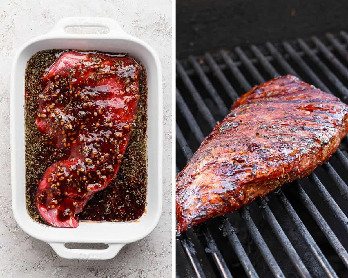 Two images showing a tri tip steak in a dish with marinade and then on the grill.