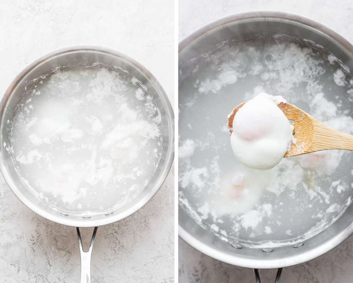 Two images showing multiple eggs cooking in a saucepan and one being lifted out.