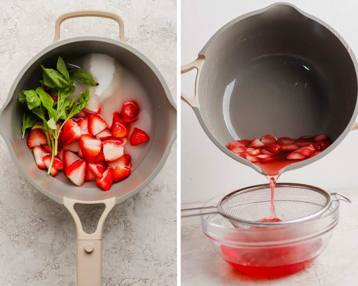 Two images showing the ingredients for strawberry basil simple syrup in a saucepan and then being strained into a bowl.