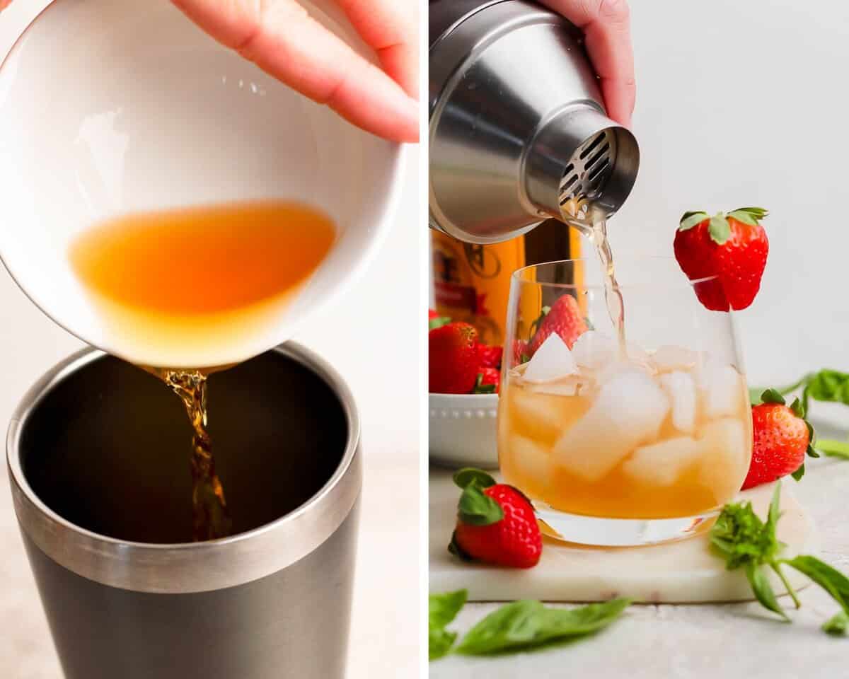Two images showing whiskey being poured into a cocktail shaker and then the cocktail being poured over ice in a glass.