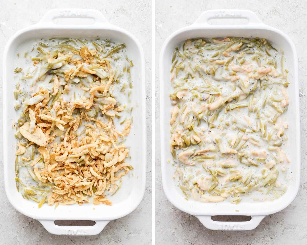 Two images showing a half cup of fried onions added and then fully mixed with the green beans.