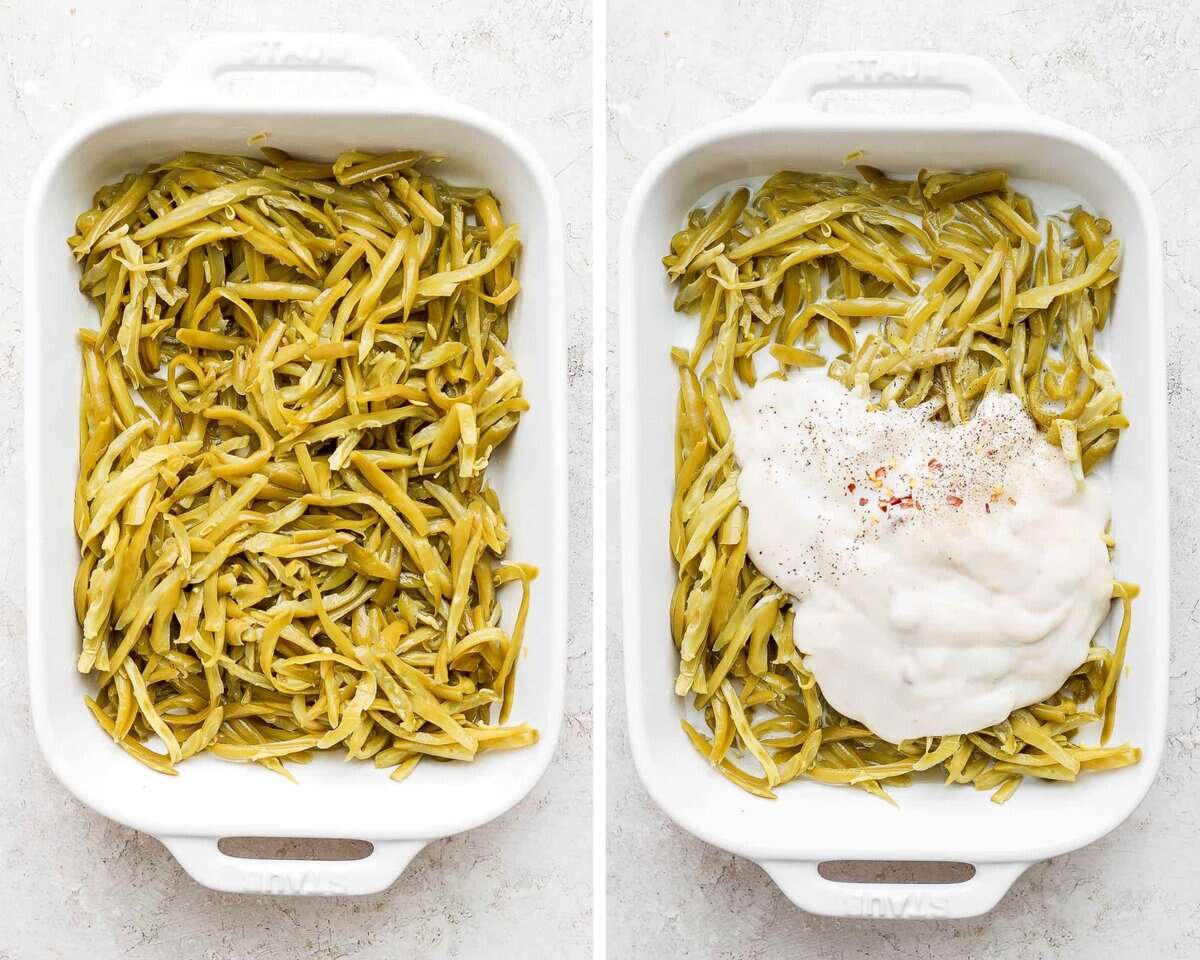 Two images showing the canned green beans in a baking dish and with the creamed soup, milk, and pepper.