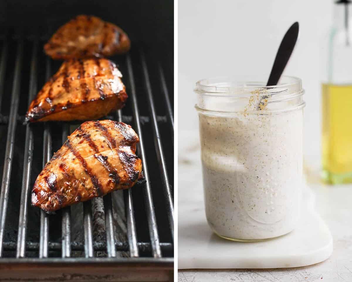 Grilled chicken on grill grates and a mason jar full of dressing.