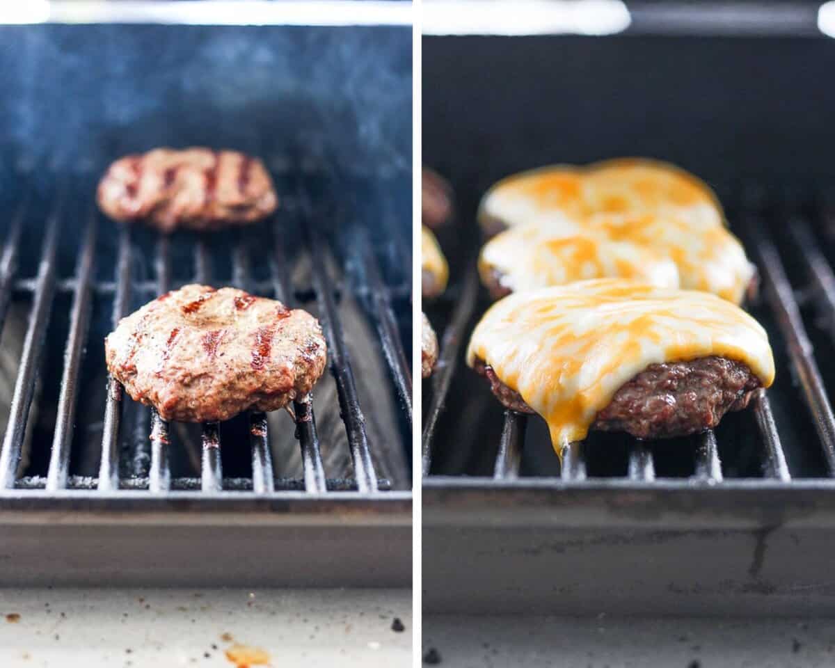 Two images showing plain burgers on the grill and ones with cheese on top.