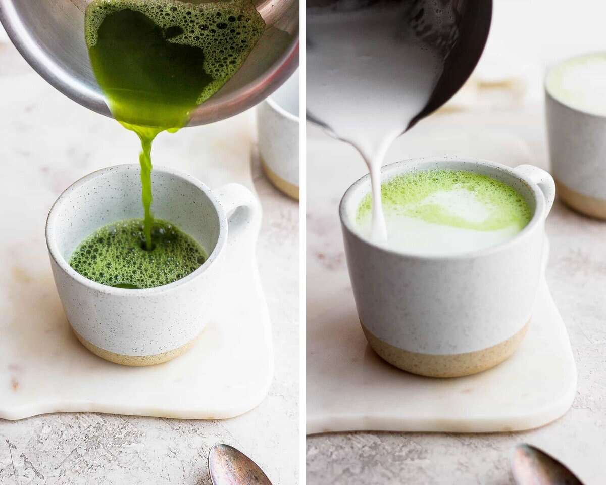 Two images showing the matcha mixture being poured in a mug and the frothed milk added on top.