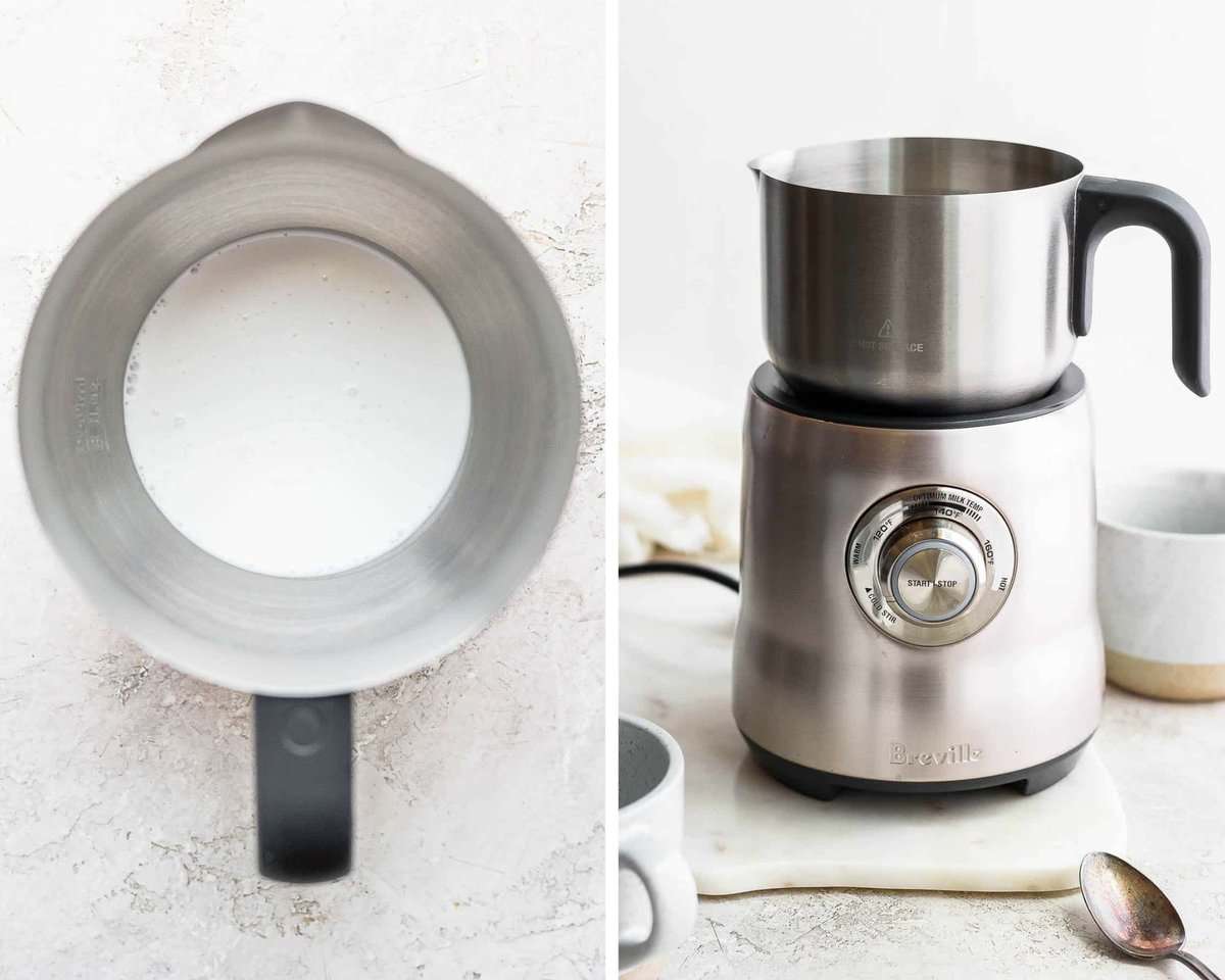 Two images showing the milks in a milk frother.