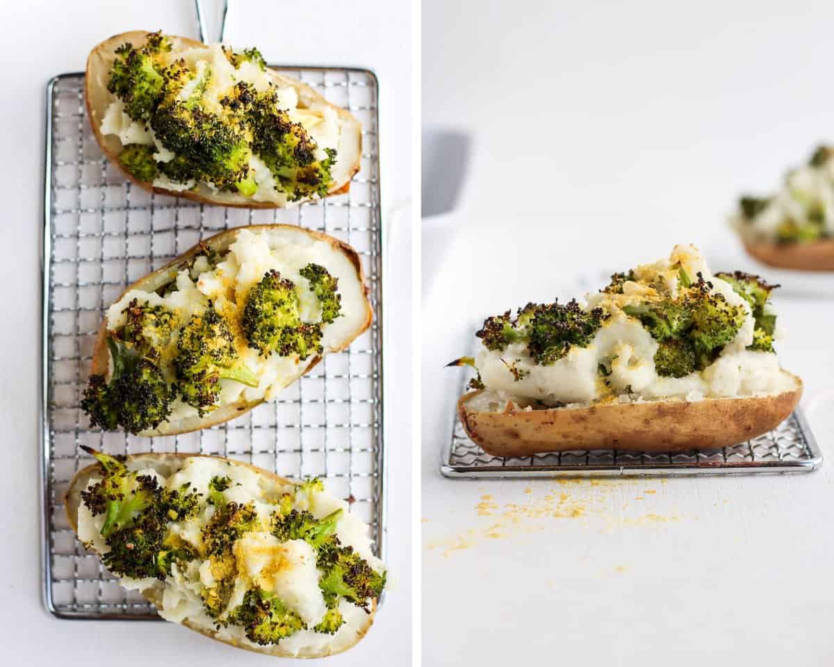Three fully baked twice baked potatoes.