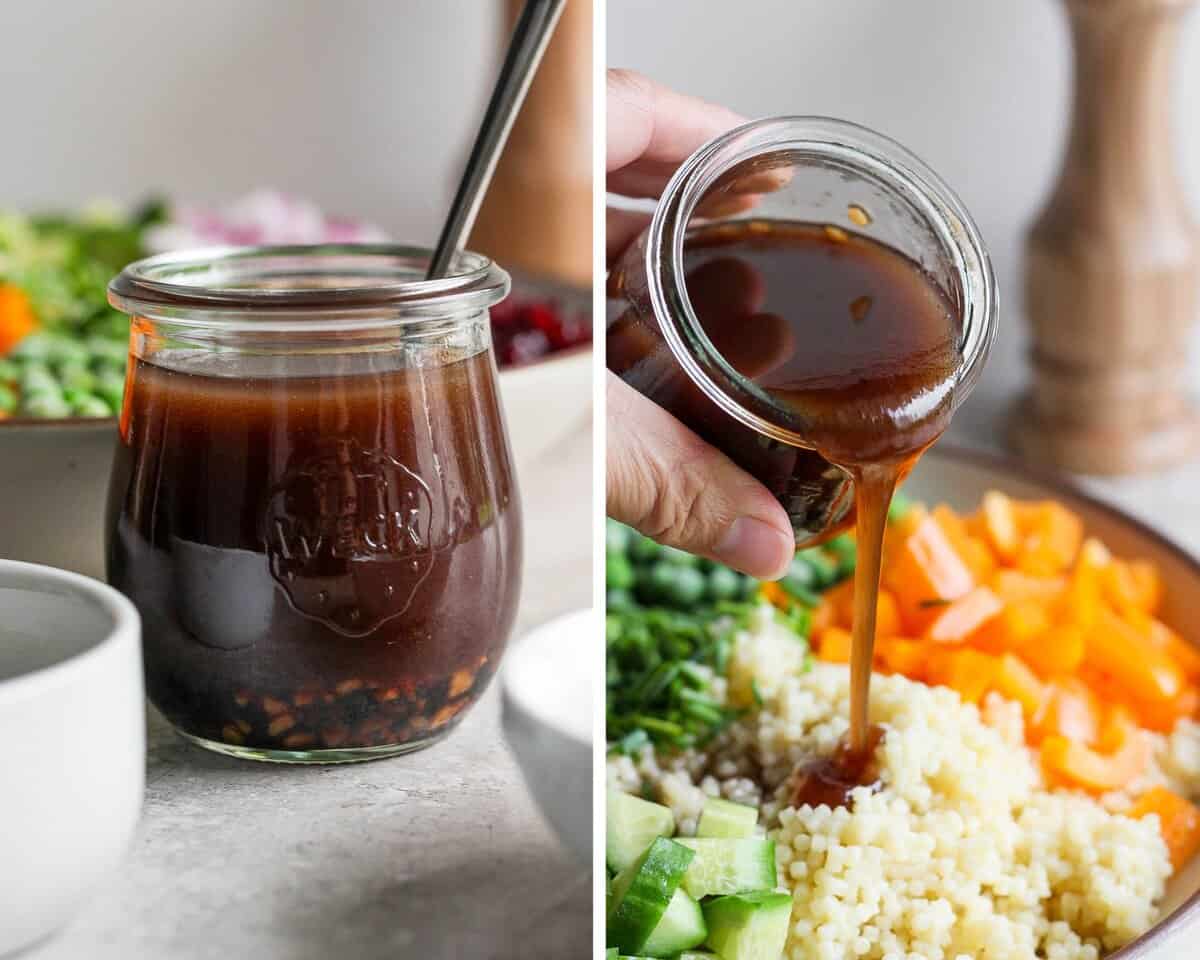 Two images showing the salad dressing in a jar and being poured on the salad.