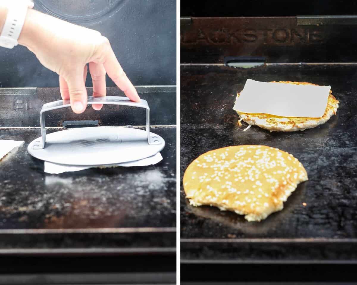 Two images showing a burger patty being smashed and then flipped with cheese and a bun toasting next to it.