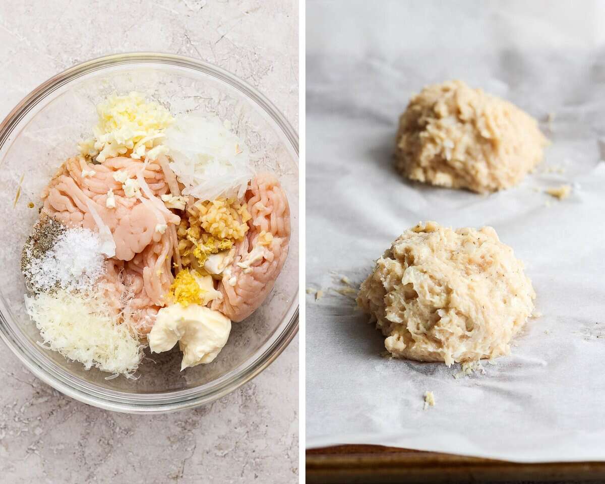 Two images showing the burger mixture in a glass bowl and then formed into balls on parchment paper.
