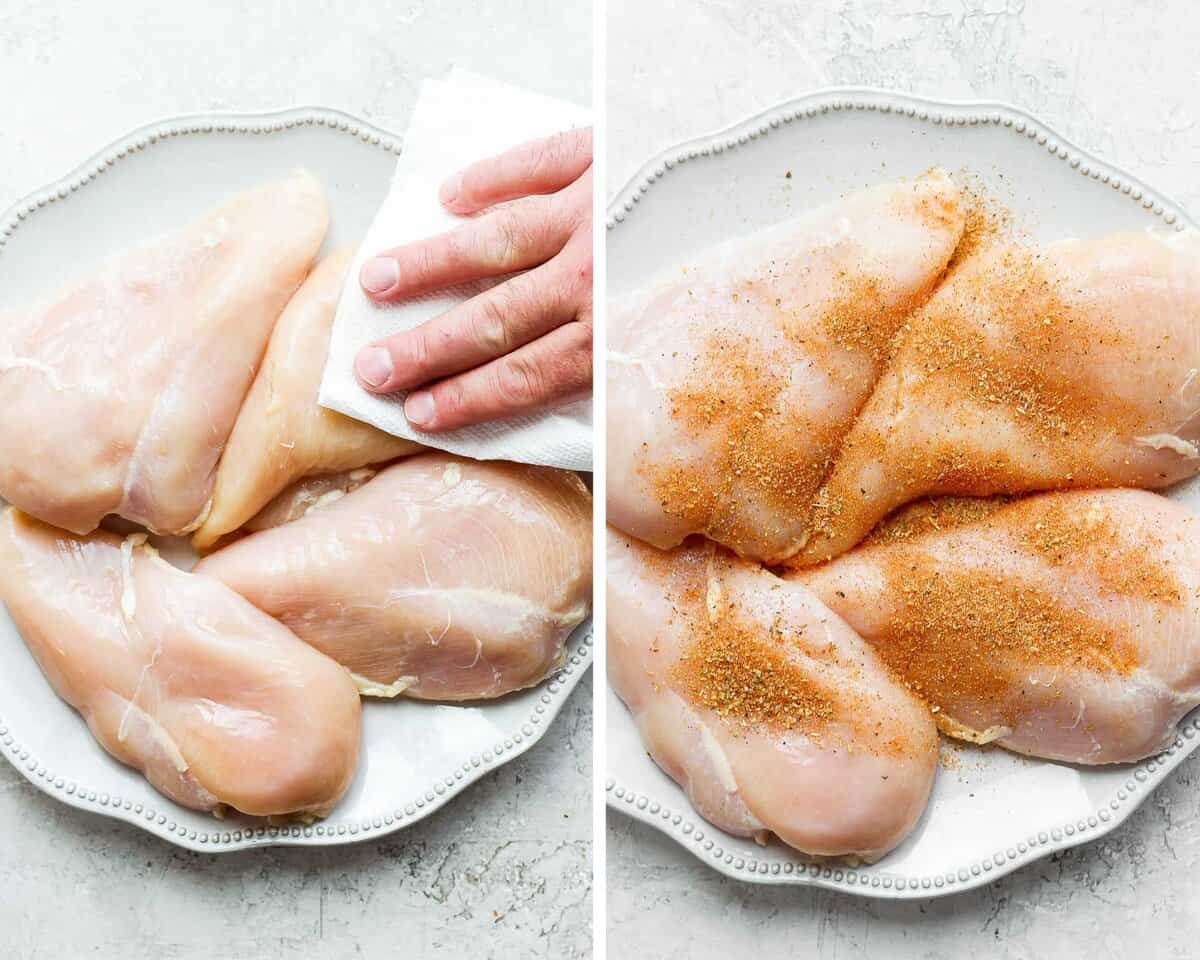 Two images showing the chicken being pat dry and with seasoning on it.