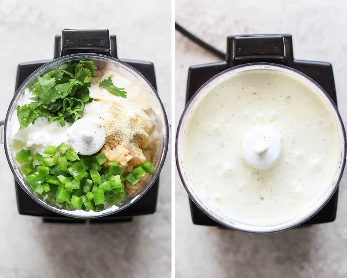 All of the jalapeno ranch ingredients in a small food processor blended together.