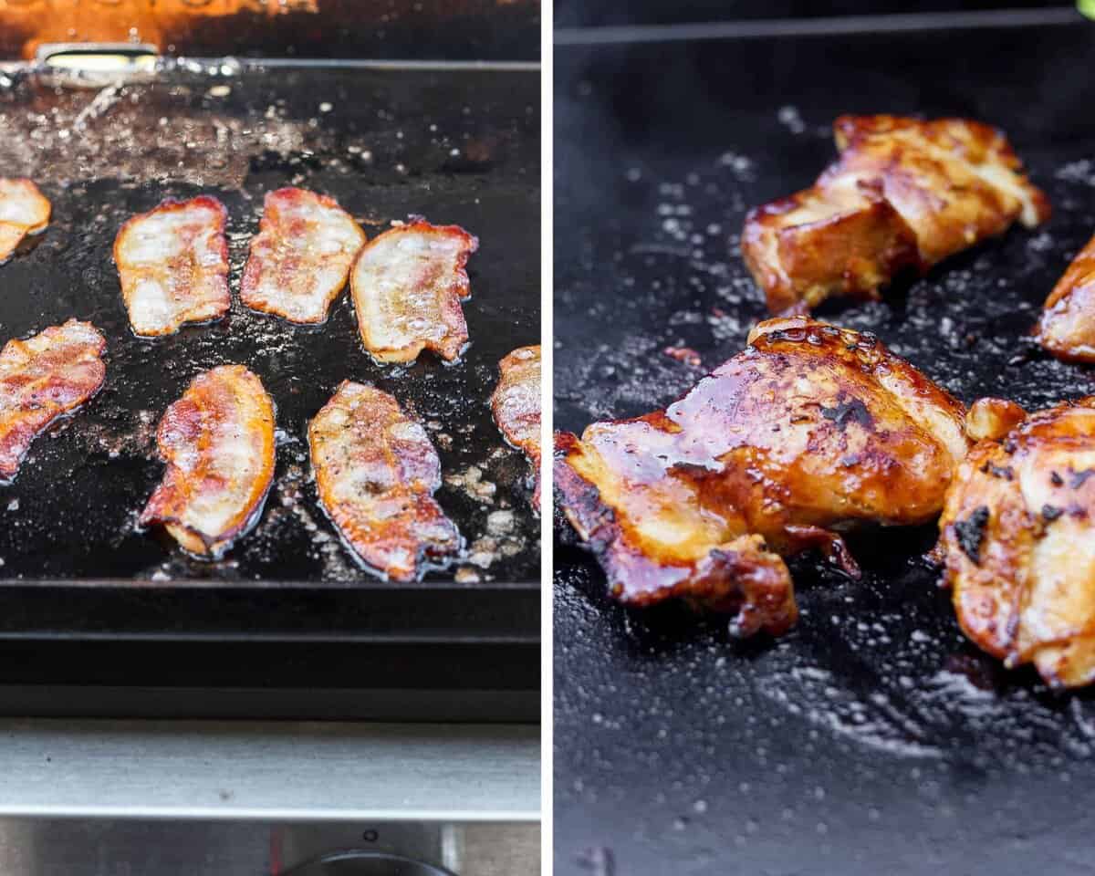Bacon and chicken thighs cooking on a flat cooktop.