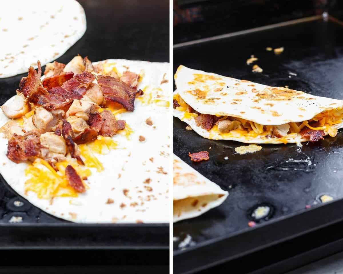 chicken bacon ranch quesadilla cooking on the blackstone.