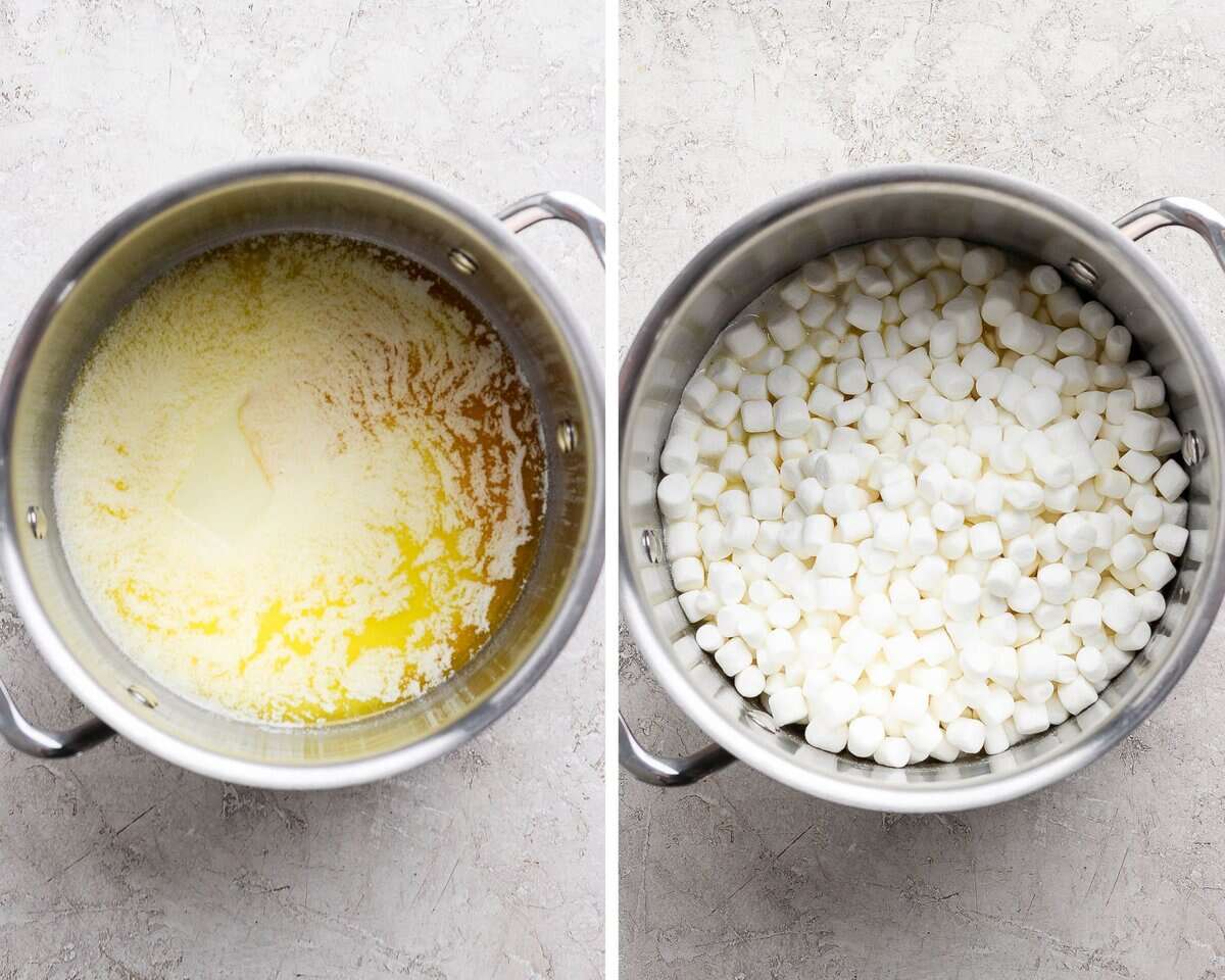 A pot with melted butter, vanilla, and sweetened condensed milk. The same pot with added mini marshmallows.