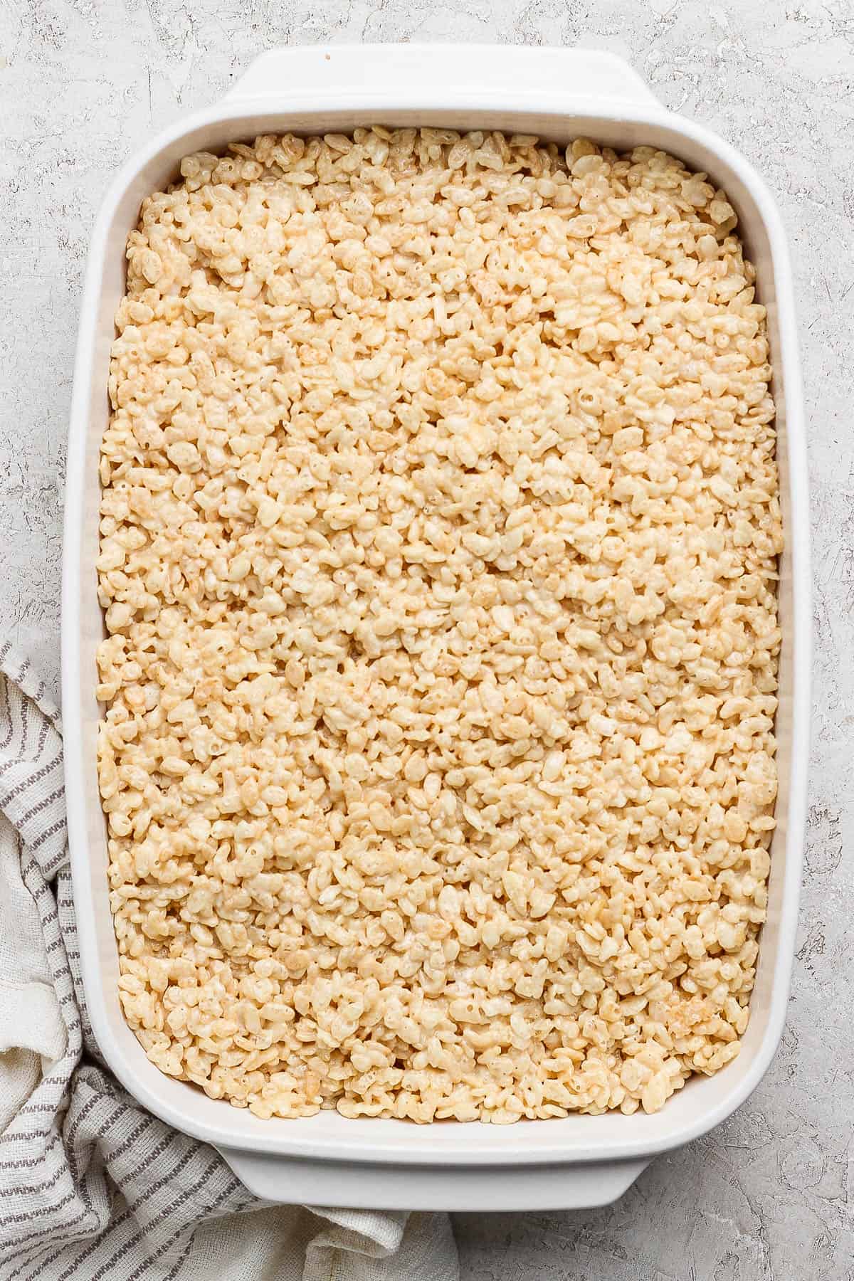 Rice krispie treats in a 9x13 baking dish.