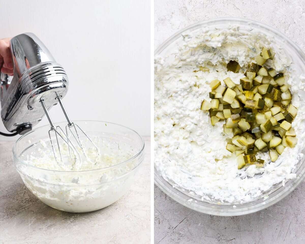 Two images showing the mixed dip with a hand mixer and the pickles being added.