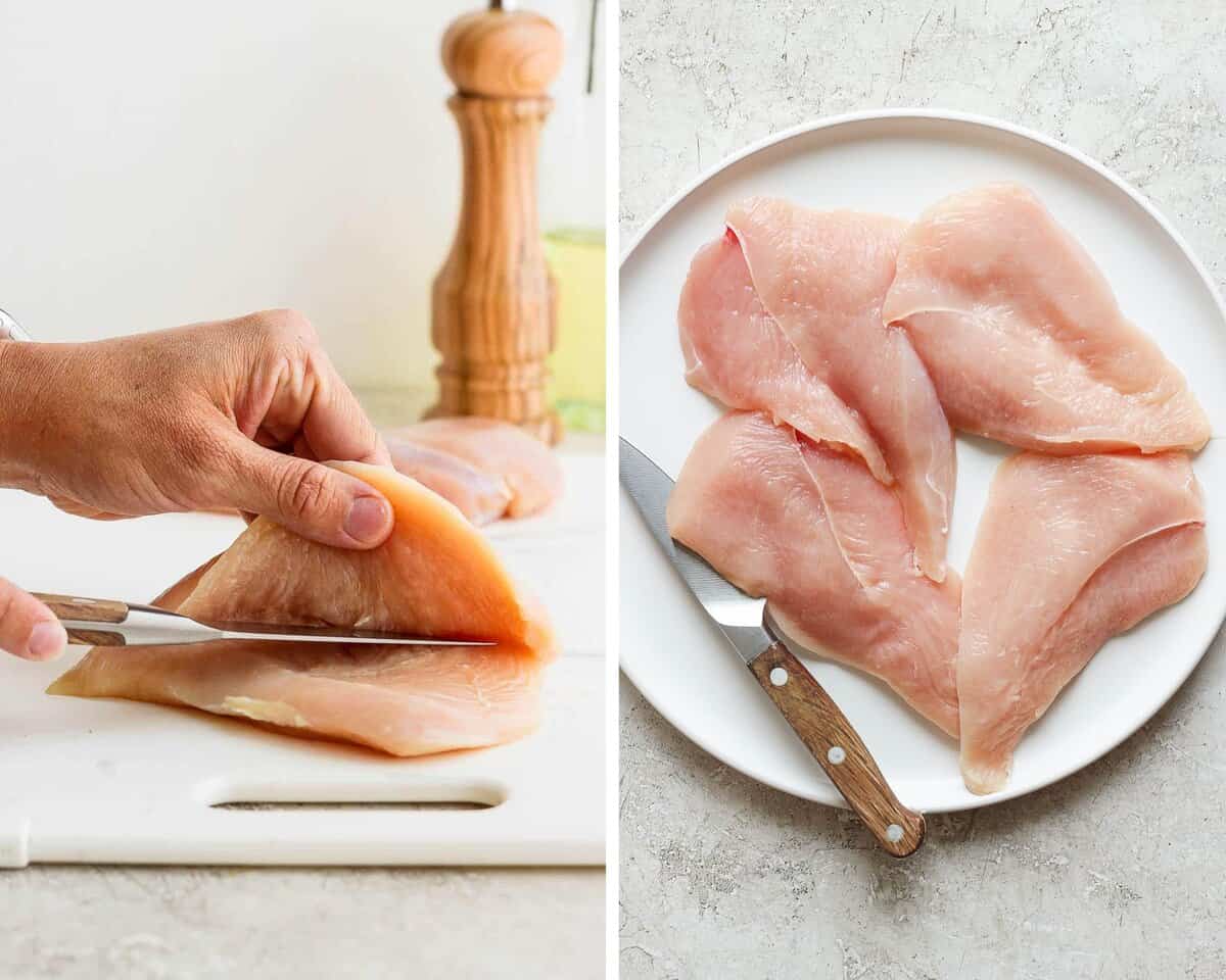 Two images showing a chicken breast being cut in half and chicken cutlets on a white plate.