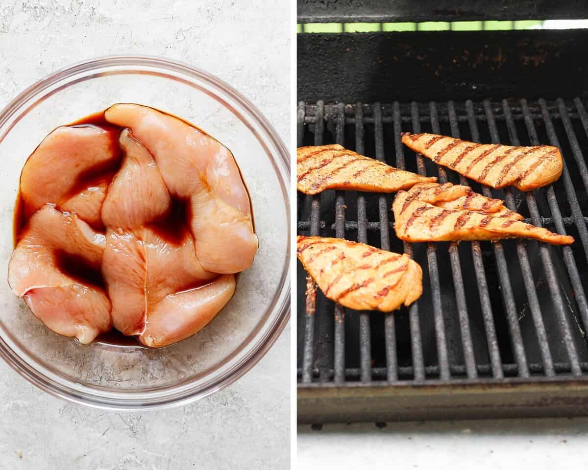 Two images showing the chicken cutlets in a bowl with soy sauce and then on a grill.