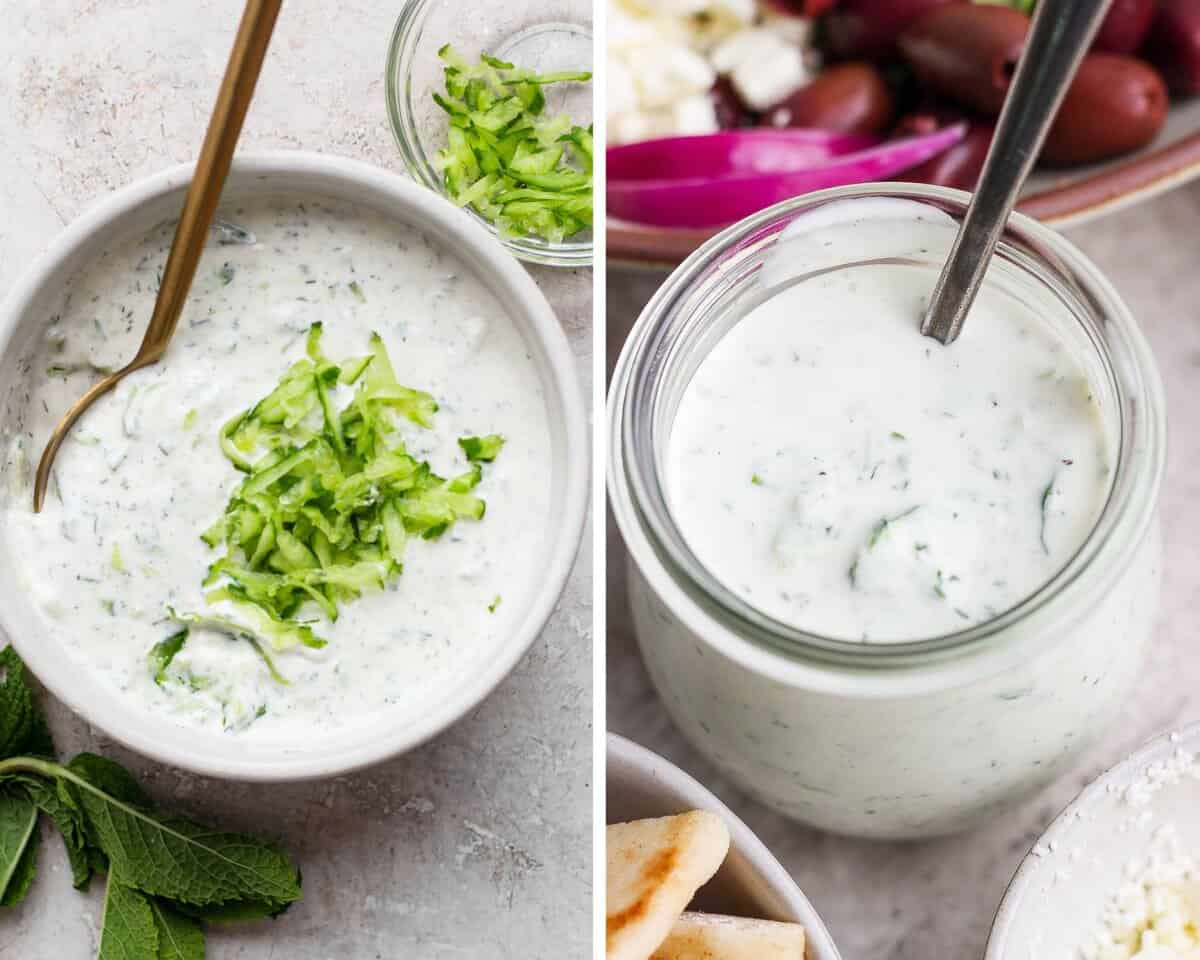 Tzatziki sauce in a small bowl with a spoon and then mixed and placed in a small jar with a spoon.