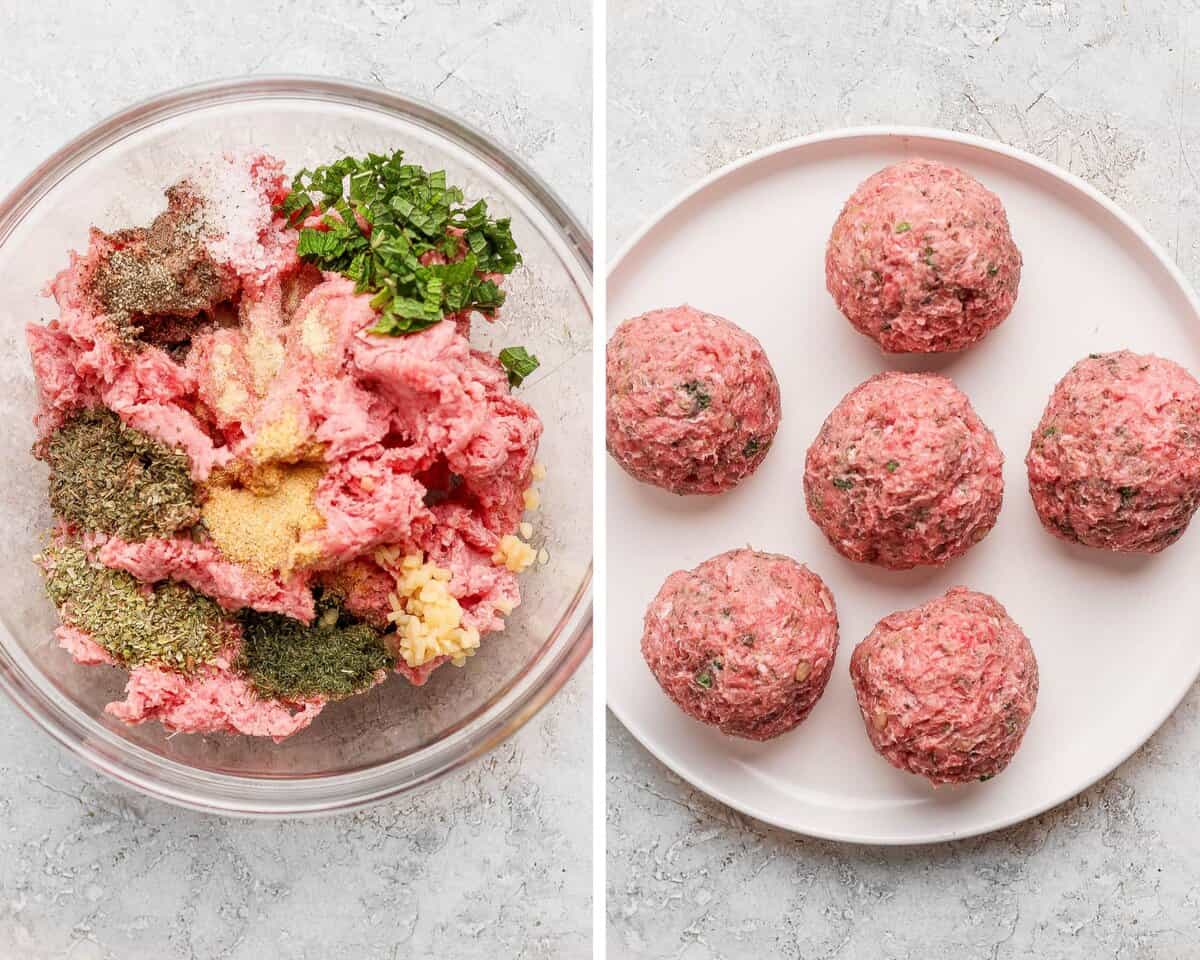 All of the lamb meat mixture ingredients in a bowl. 6 evenly sized lamb meatballs on a plate.