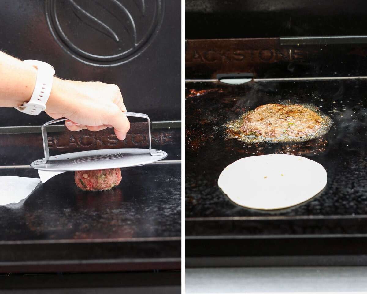 A hand pressing down the lamb meatball with a burger press and parchment paper. A tortilla alongside a cooked lamb patty on the Blackstone.