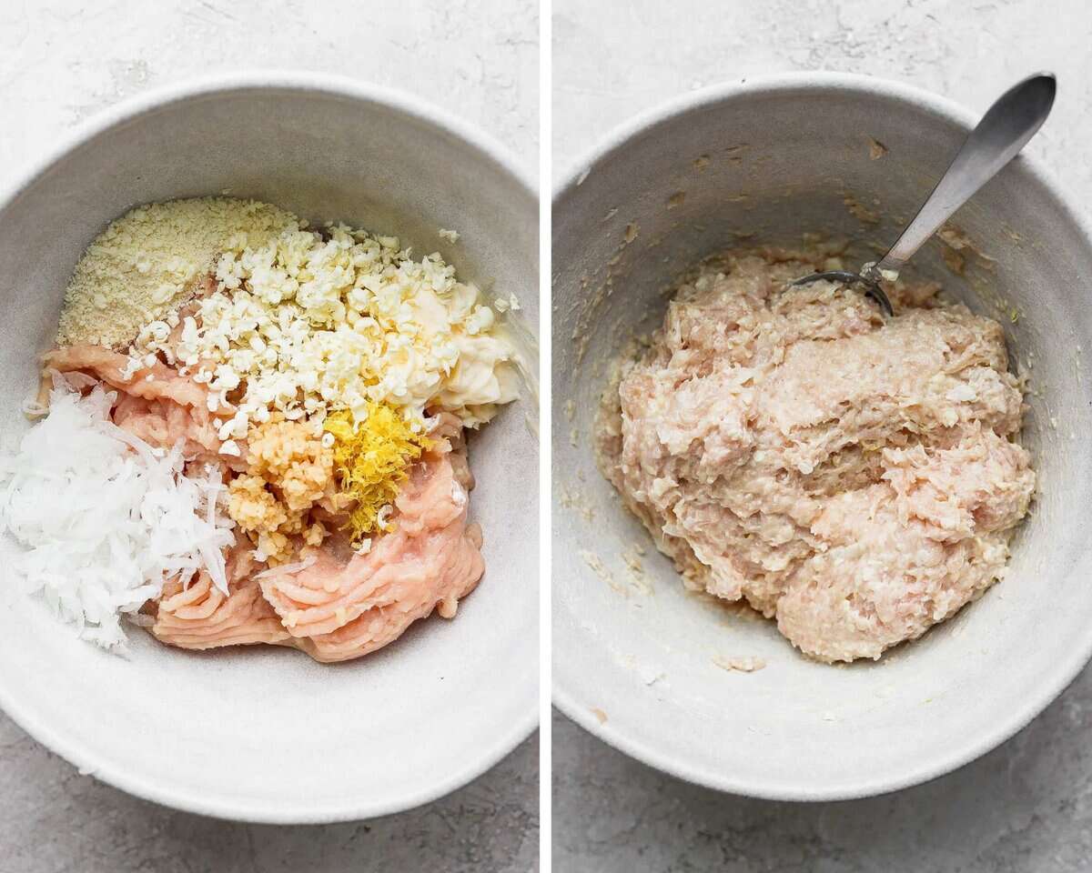 Two images showing the burger mixture in a bowl before being mixed and after.
