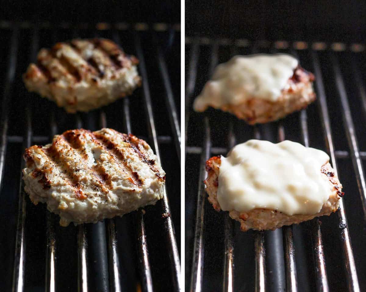 Two images showing the burgers on the grill before cheese and after.