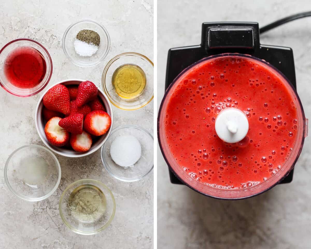Two images showing the strawberry vinaigrette ingredients in separate bowls and blended in a food processor.