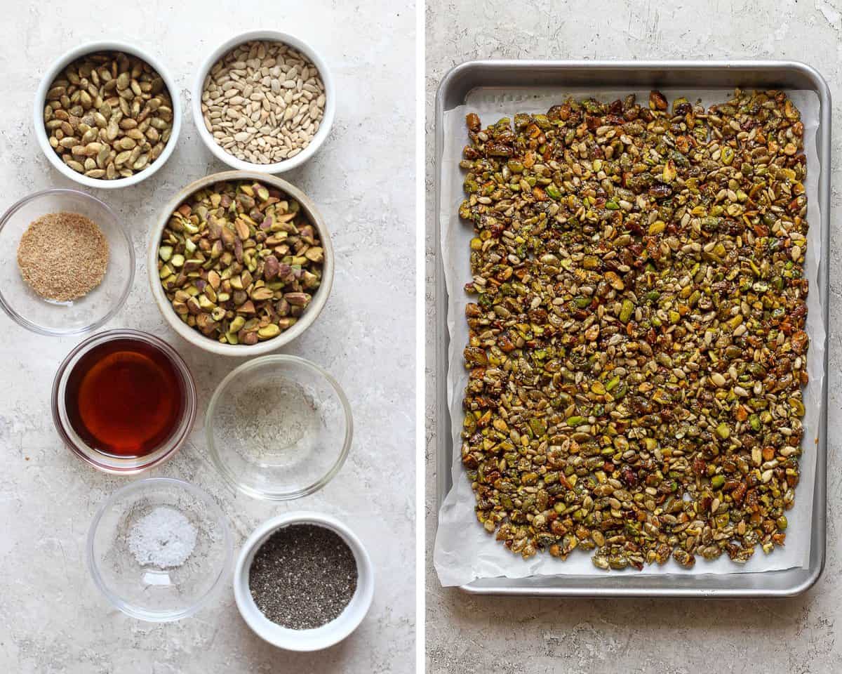 Two images showing the ingredients for the granola crunch in bowls and after baking on a sheet pan.