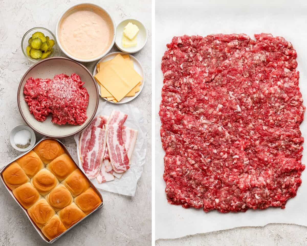 Individual bowls of burger pickles, burger sauce, butter, american cheese, ground beef, bacon, salt and pepper, and hawaiian rolls. Ground beef flattened into a rectangle shape on a piece of parchment paper.