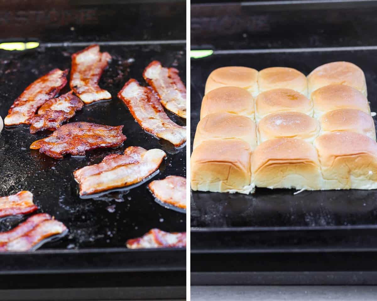 Bacon being cooked on a blackstone cooktop. Sliced Hawaiian rolls warming on the backstone.