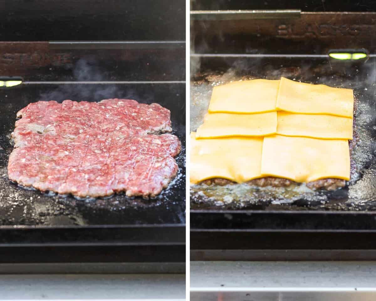 Slider meat patty cooking on cooktop. Cheese added to the flipped meat patty on the cooktop.