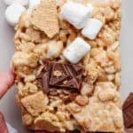 A s'mores rice krispie treat on a plate.