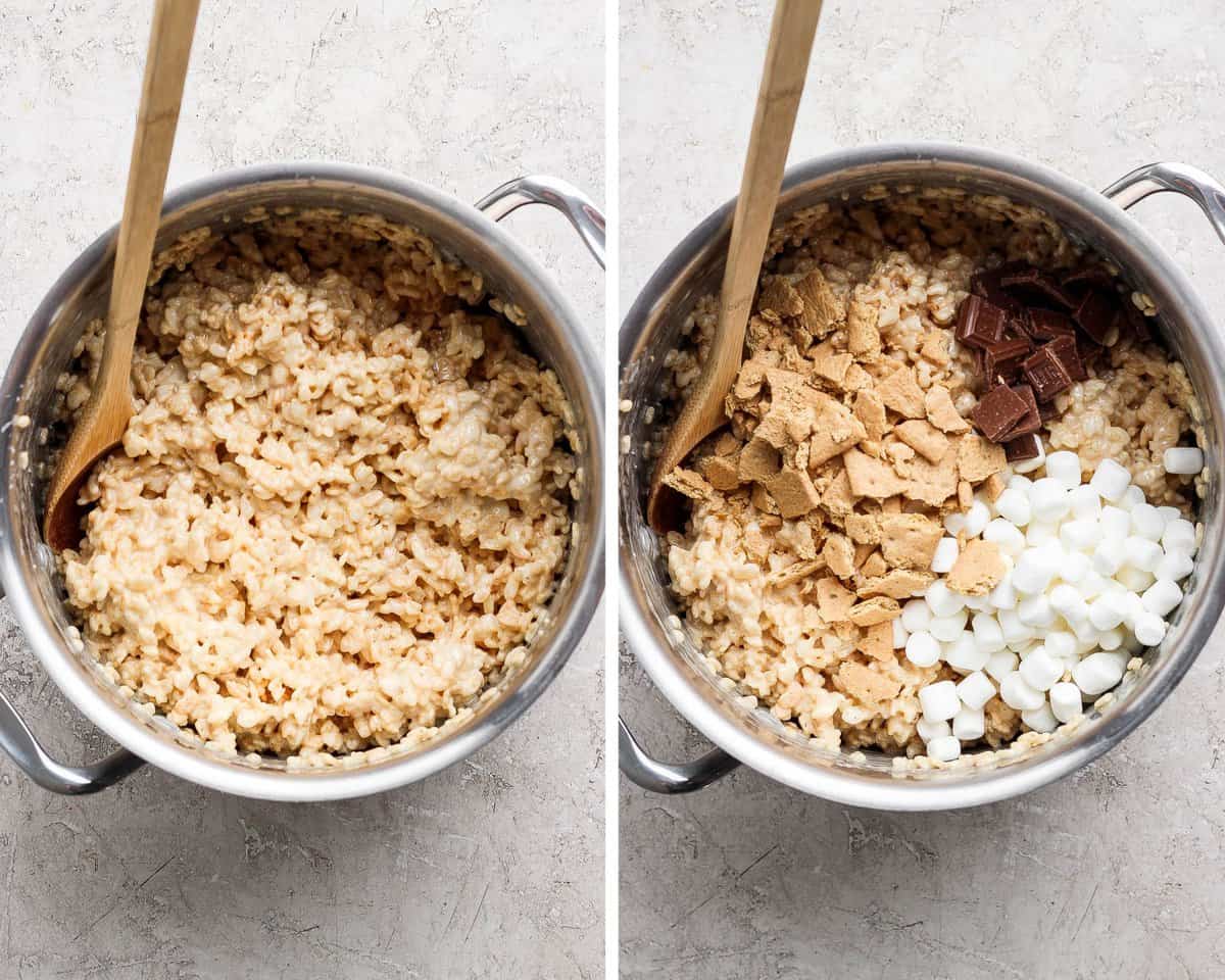 The large pot with the rice krispies mixed in and then with the graham crackers, chocolate and more marshmallows.