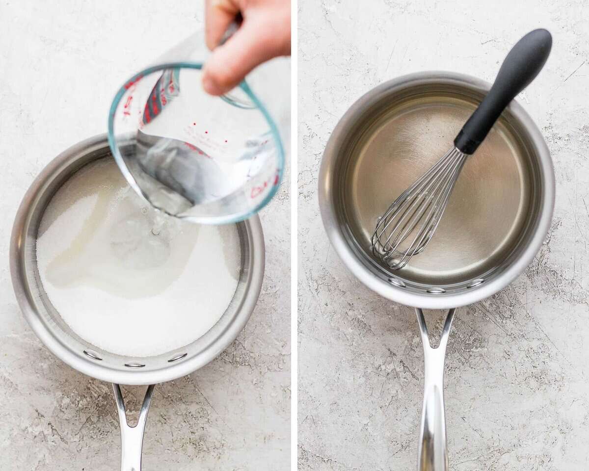 Two images showing the sugar and water going into the saucepan and then a whisk in the pan with the sugar fully dissolved.