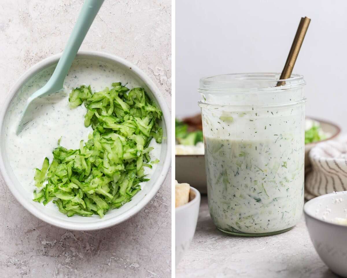 The blended dressing in a bowl with the shredded cucumber and fully mixed in a mason jar.
