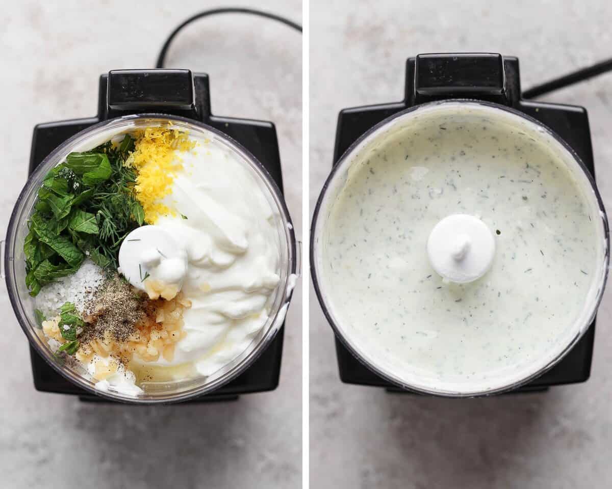 Dressing ingredients, except the cucumbers, in a food processor before blending or after.