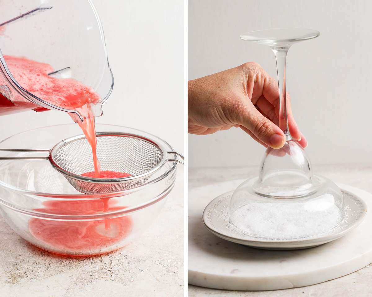 Two images showing the watermelon mixture going through a strainer and a margarita glass getting a salt rim.